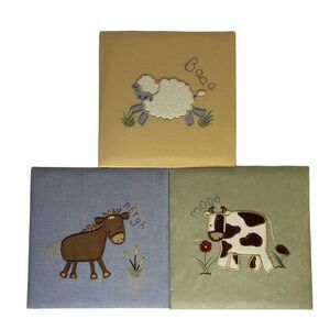 3 Farm Animal Fabric Embroidered Wall Hangings Nursery Farmhouse Horse Sheep Cow